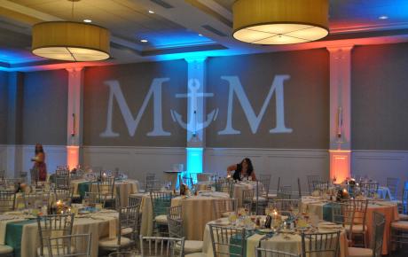 Audio Events | Projection monogram and uplighting for a wedding at the Portsmouth Harbor Events & Conference Center
